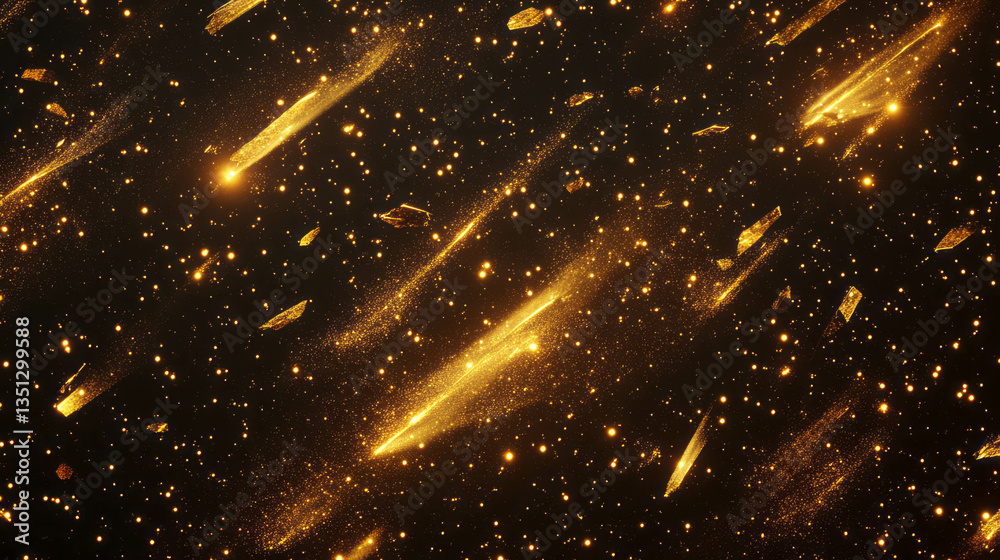 Poster cosmic meteor shower with glowing metallic fragments in space