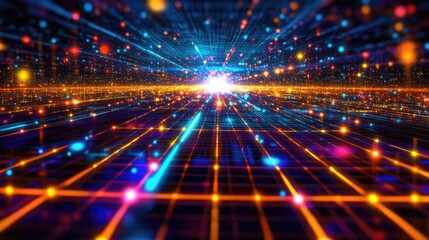 Fototapeta premium Vibrant digital landscape with glowing lines and particles, creating a sense of depth and motion in a futuristic setting