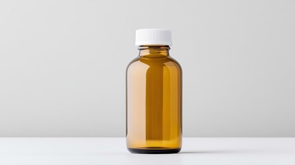 Minimalist amber glass bottle with white cap on light background. Ideal for branding and product presentations.
