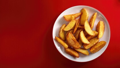 Fried potatoes on a plate on a red background
