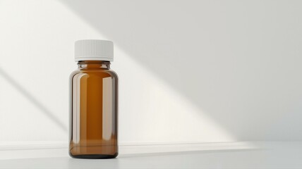 Minimalist amber glass bottle with white cap on clean surface against soft shadows in natural light.