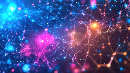 Vibrant abstract network of interconnected nodes and glowing particles, illustrating digital connectivity and innovation