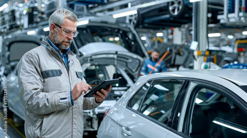 Leinwandbilder An automotive technician uses an advanced tablet to manage tasks in a modern workshop, showcasing the integration of technology and engineering to enhance productivity in the field