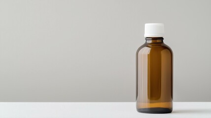 Fototapeta premium Minimalist brown glass bottle with white cap on a clean surface. Perfect for pharmaceutical or cosmetic concepts.