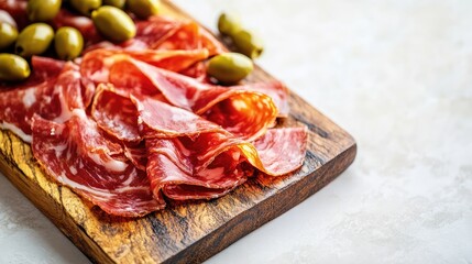 Sliced Cured Meat and Green Olives on a Rustic Wooden Board