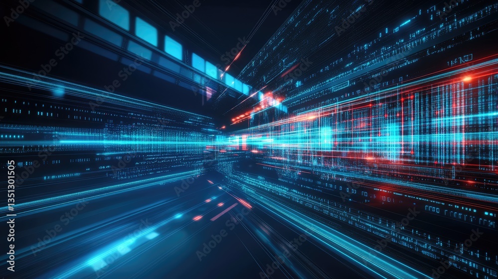 Poster futuristic digital landscape with glowing lines and data streams, creating a sense of speed and tech