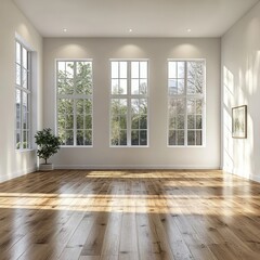 Obraz premium Interior room featuring wooden floors and large windows letting sunlight in