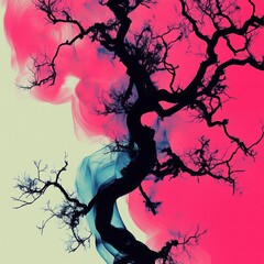 Abstract tree silhouette against vibrant pink and green background