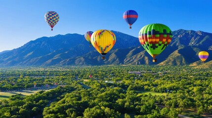 Fototapeta premium Vibrant hot air balloons soar over lush green landscapes and mountains, creating a picturesque scene in a clear blue sky.