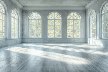 Bright room features arched windows and wooden flooring