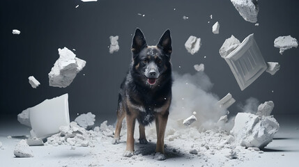 German Shepherd dog amidst exploding debris, studio shot, powerful image for advertising