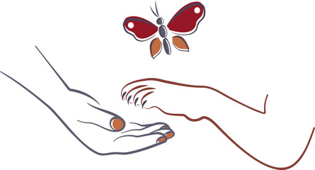 Hand and paw with butterfly as a symbol of friendship. Stylised line drawing in a minimalist style with red and orange accents.    