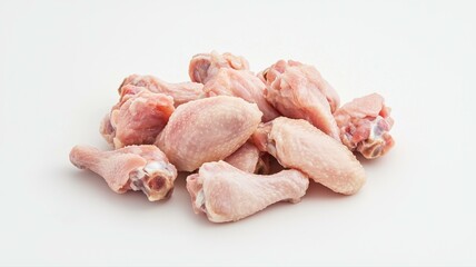 Raw chicken drumsticks piled on a white background ready for cooking and meal preparation.