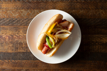 A top down view of a LA street dog on a plate.