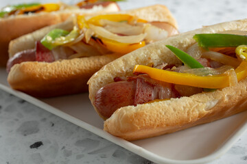 A closeup view of some LA street dogs on a tray.