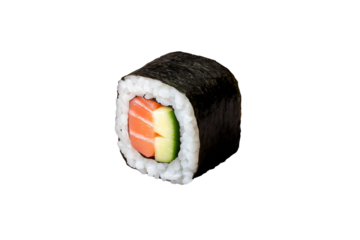 A vibrant sushi roll featuring fresh salmon and cucumber, wrapped in seaweed. Perfect for food lovers and culinary enthusiasts. Ideal for modern dining trends.