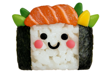 This adorable sushi character features a smiling face, vibrant colors, and playful elements, perfect for food-themed projects and current design trends.
