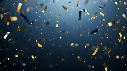 Gold and black confetti falling on a dark blue background, ideal for celebratory events or party invitations