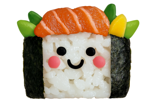 This adorable sushi character features a smiling face, vibrant colors, and playful elements, perfect for food-themed projects and current design trends. - Powered by Adobe