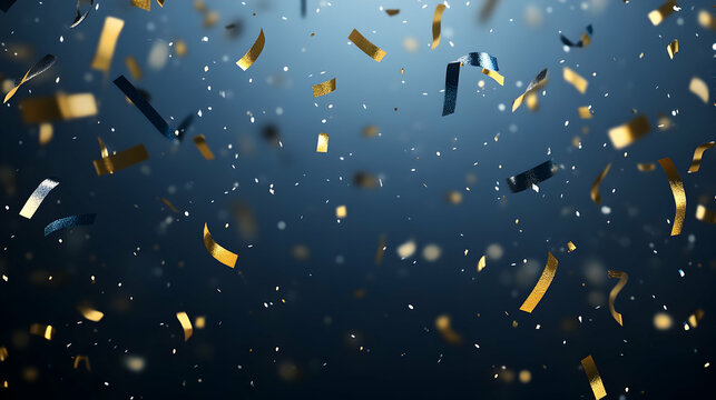 Gold and black confetti falling on a dark blue background, ideal for celebratory events or party invitations