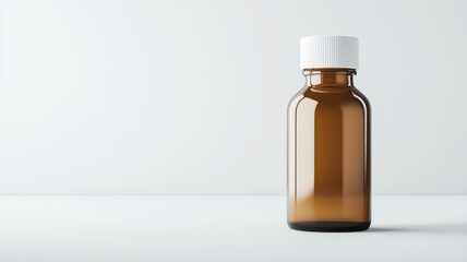 Small brown glass bottle on a white surface with minimalistic design, suitable for medical or cosmetic use.