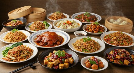 Fototapeta premium Variety of Asian Food Dishes on Wooden Table Display