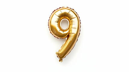 Gold number nine foil balloon, celebration, white background, party