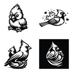 Cardinal bird baby mother love vector silhouette clipart icon set black & white