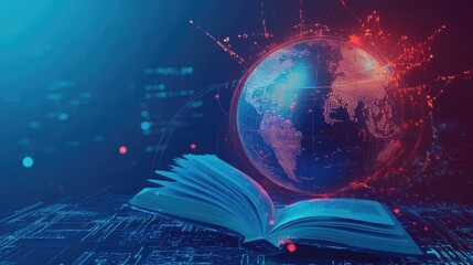 An open book with glowing pages revealing a digital world, illuminated by a vibrant globe and data patterns