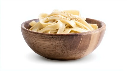 Wooden bowl filled with fettuccine pasta on white background, perfect for culinary blog or recipe site.