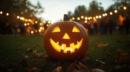 A glowing jack-o'-lantern sits on grass, surrounded by autumn leaves and twinkling lights, creating a festive Halloween atmosphere.