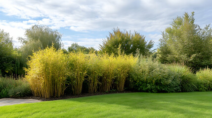 Obraz premium Golden bamboo garden landscaping, sunny day, green lawn background, ideal for home design websites