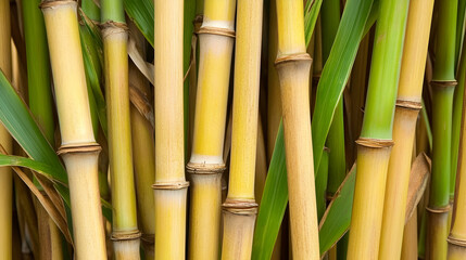 Obraz premium Golden bamboo stalks and leaves, close-up texture, natural background, perfect for design or wallpaper