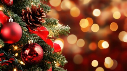 A festive Christmas tree adorned with red ornaments, ribbons, and pine cones, set against a blurred, warm bokeh background.