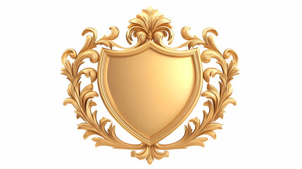 Golden ornate shield crest; isolated white background; design element; ideal for logos