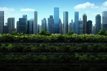 Obraz premium Vibrant cityscape featuring lush green rooftops that blend nature with urban architecture.