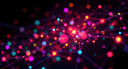 Obraz premium Abstract network visualization, interconnected nodes and lines, colorful glowing particles
