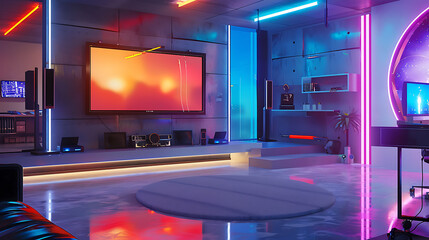 A 3D-rendered TV studio with a wall-mounted TV serves as an ideal backdrop for TV shows, news broadcasts, and green screen or chroma key video and photo