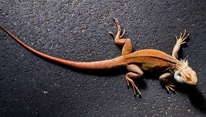 Lizard on a asphalt top view 