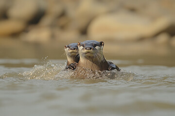 Fototapeta premium Two otters swimming side by side in a river, surrounded by rocks and water.