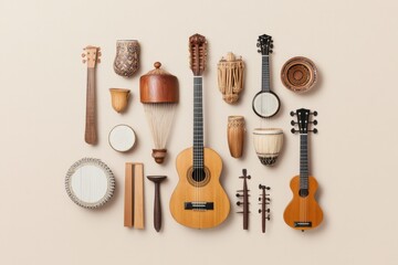 Fototapeta premium diverse assemblage of traditional musical instruments from various cultures displayed artistically against neutral