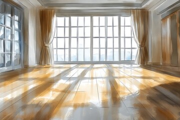 Obraz premium Bright light shines into an empty room through large windows
