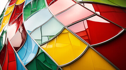 Fototapeta premium Vibrant colorful building featuring a unique design with a mosaic of multiple colors and artistic architectural elements.