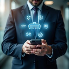 Businessperson Using Smartphone with Futuristic Cloud Data Icons – Modern Office Technology Concept