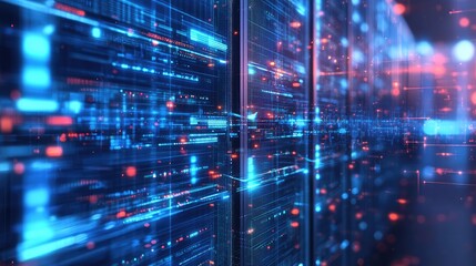 Abstract representation of digital data flow in a futuristic server room with vibrant blue and red lights