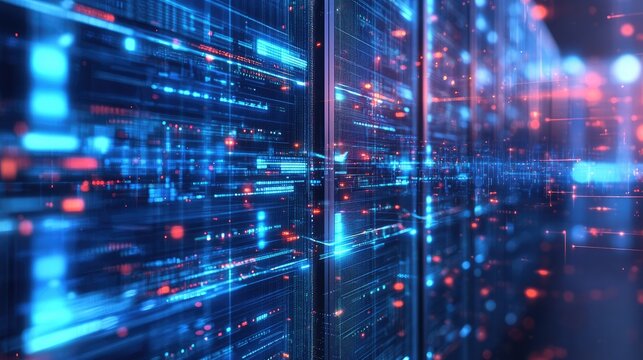 Abstract representation of digital data flow in a futuristic server room with vibrant blue and red lights - Powered by Adobe