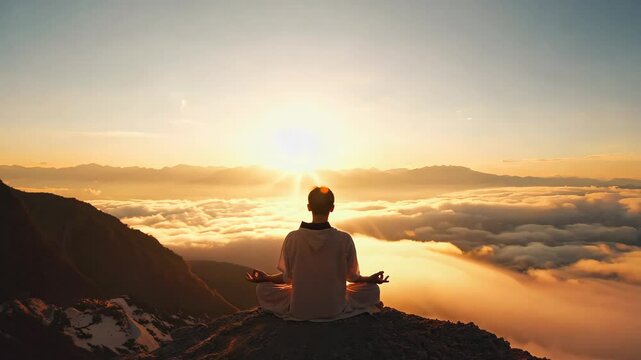 A man meditates above the clouds at sunrise, deeply immersed in mindfulness, spiritual awareness, and mental reset in nature