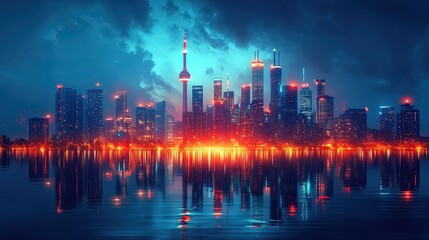Fototapeta premium A futuristic city skyline shines with neon elements.