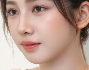 Macro shot of a woman’s nose and cheek, showing detailed pores and natural highlight. Soft lighting for a fresh beauty effect. Captured from a unique diagonal angle