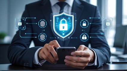 Businessperson Using Smartphone with Futuristic Cloud Data Icons – Modern Office Technology Concept